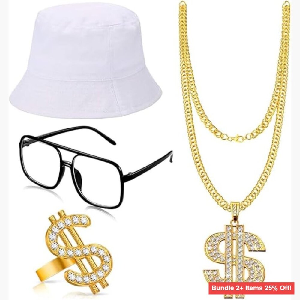 Hip Hop Jewelry Set with Dollar Sign Pendant Necklace Rings Sunglasses